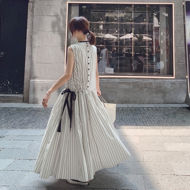 レディース ワンピース ノースリーブ ストライプ リボン シャツワンピース アンクル丈 袖なしラウンドネック Aライン 綿 かわいい キュートカジュアル ゆったりサイズ S M L XL ホワイト 春 夏デートお出かけ 10代 20代 30代 普段使い 韓国系 送料無料