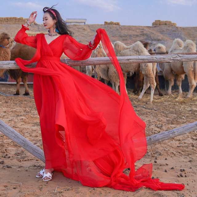 大セールロングドレス 赤 シフォン スーツ・フォーマル・ドレス