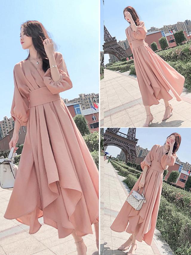 パーティードレス レディース ドレス ワンピース S M L XL ピンク 春カラー パステルカラー 無地 タック アシンメトリー Vネック 七分袖 7分袖 パフスリーブ フレア Aライン ロング丈 ロング ミモレ丈 アンクル丈 膝下 ハイウエスト 脚長 美シルエット スタイルアップ パーティードレス レディース ドレス ワンピース S M L XL ピンク 春