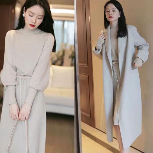 ニットワンピース　パフスリーブ　ロングカフスニット　春　秋　冬　韓国　シンプル　エレガント　トレンド　女っぽ　レディース　タートルネック　暖かい　ひざ丈　ベルト　２０代　３０代　４０代　お洒落　オシャレ　可愛い　かわいい　スタイルアップ　細見え　パープル