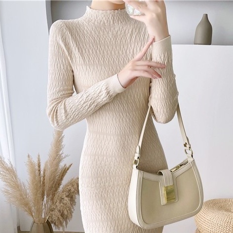 ロングワンピース　シャーリング　くしゅくしゅ　ハイネック　タイト　長袖　春　秋　冬　スリム　細見え　おしゃれ　オシャレクール　セクシー　エレガント　ワンピドレス　ニットワンピース　20代　30代　40代　きれいめ　大人女子　大人可愛い　レディース　長袖　ひざ丈の通販は