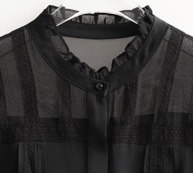 ブラウス 長袖 フリル 透け感 長袖 レディース 黒 ブラック 春 秋 冬