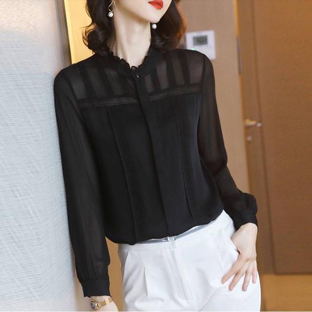 ブラウス 長袖 フリル 透け感 長袖 レディース 黒 ブラック 春 秋 冬 シフォン トップス カットソー シャツ きれいめ 上品 フォーマル エレガント 30代 40代 50代 オシャレ お洒落 大人可愛い クール シック 無地 シンプル カジュアル 着回し 仕事 ОL オフィス ブラウス 長袖 フリル 透け感 長袖 レディース 黒 ブラック 春 秋 冬