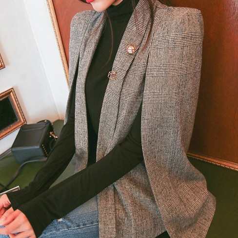 アウター ジャケット マント 袖なし レディース テーラードジャケット スーツ コート ショール ワイド ゆったり S М L XL チェック柄 無地 黒 ブラック グレー 灰色 モノトーン オシャレ お洒落 クール きれいめ 上品 エレガント 高級感 ラフ カジュアル Iライン ストレートの通販は