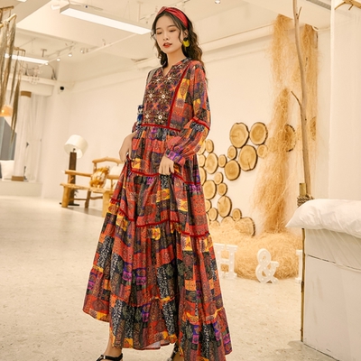 ワンピース ロング丈 長袖 ボヘミアン 4色 レディース