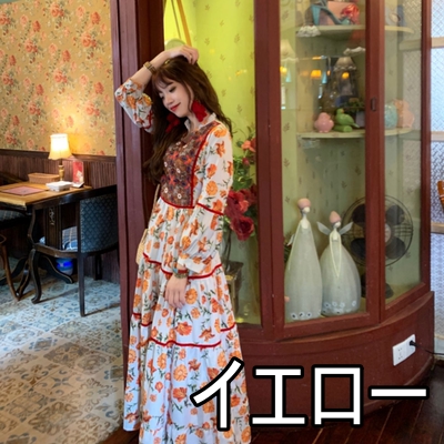 オールド ボヘミアン エスニック エキゾチック 古着 花柄刺繍 ロングワンピース ワンピース ロング丈 長袖 ボヘミアン 4色 レディース