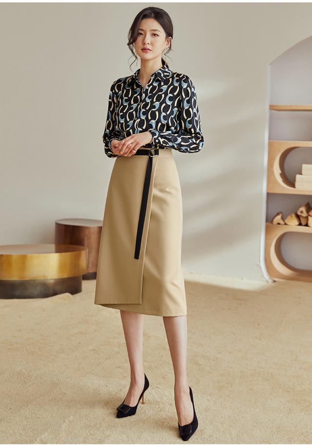 トップス ブラウス モノグラム 長袖 レディース 前開き スタンドカラー