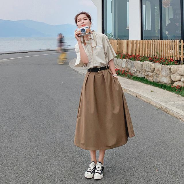 セットアップ レディース シャツ ロングスカート タックスカート ロング丈 袖あり 5分袖 五分袖 襟付き セミフレア 上下セット きれいめ シンプル カジュアル おしゃれ お洒落 かっこいい こなれ感 抜け感 S M L XL ライトベージュ ベージュ 無地 春 夏 秋 20代 30代 40代