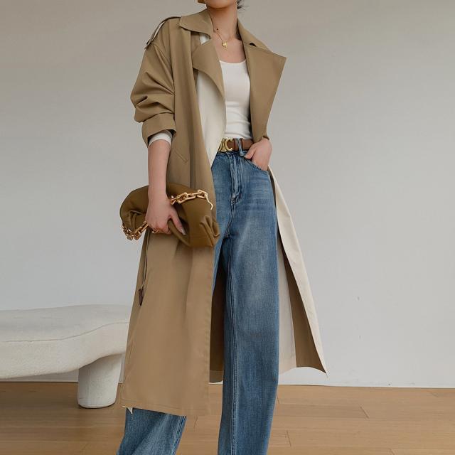 アウター レディース トレンチコート ミモレ丈 長袖 袖あり 襟つき ドッキング 切り替えデザイン ウエストベルト きれいめ シンプル カジュアル 大人 上品 おしゃれ かっこいい 大人女子 こなれ感 抜け感 S M L ベージュ 無地 春 秋 20代 30代 40代 50代 60代 ママ オフィス