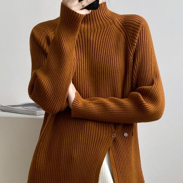 トップス ニットソー 5色 カットソー ハイネック スリット 長袖 レディース タイト スリム 細身 シンプル カジュアル ラフ 無地 ホワイト ブラック ベージュ ブラウン 茶色 グリーン オリーブ グレー 灰色 くすみカラー 10代 20代 30代 40代 50代 60代 春 秋 冬 お洒落の通販は