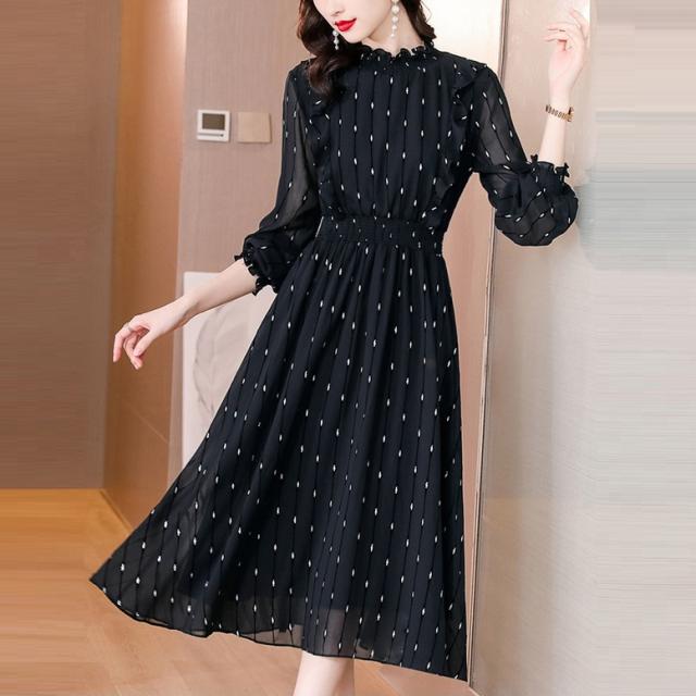 シフォンワンピース ワンピース レディース ロングワンピース フリルネック 裾フリル ひざ下丈 シフォン ドレス 長袖 シアースリーブ フレア 黒 ブラック 大きいサイズ ワンピドレス 大人可愛い きれいめ 上品 ガーリー エレガント フォーマル 春 夏 秋 冬 二次会 お呼ばれ シフォンワンピース ワンピース レディース ロングワンピース フリル