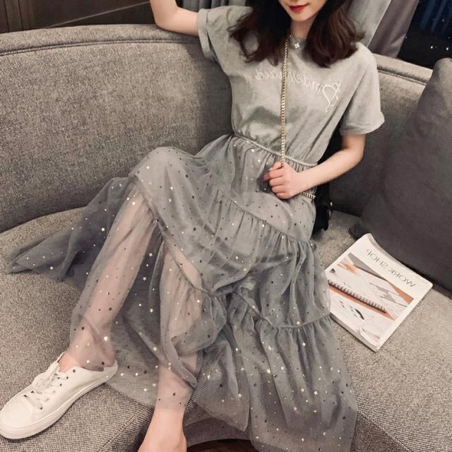 チュール切り替えTシャツワンピース ワンピース レディース T