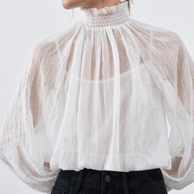 フリルハイネックシースルーブラウス トップス レディース ブラウス シャツ ハイネック シャーリング フリル 透け感 シースルー シアーブラウス バルーンスリーブ 長袖 シフォン フェミニン 白 ホワイト 大人可愛い きれいめ 上品 エレガント フォーマル ガーリー 春 夏 秋 冬 フリルハイネックシースルーブラウス トップス レディース ブラウス