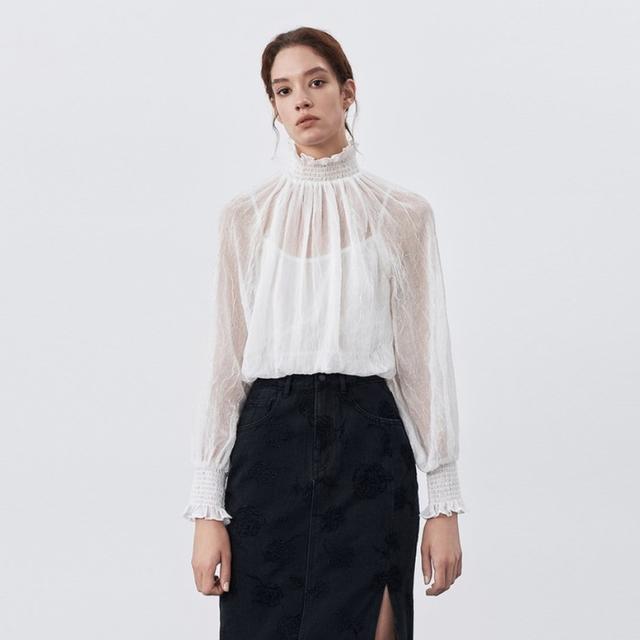 フリルハイネックシースルーブラウス トップス レディース ブラウス シャツ ハイネック シャーリング フリル 透け感 シースルー シアーブラウス バルーンスリーブ 長袖 シフォン フェミニン 白 ホワイト 大人可愛い きれいめ 上品 エレガント フォーマル ガーリー 春 夏 秋 冬 フリルハイネックシースルーブラウス トップス レディース ブラウス
