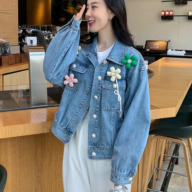 パール付きデニムジャケット パールオーバーデニムジャケット | La