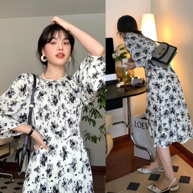 ワンピース レディース 花柄ワンピース フレアワンピース ミディワンピース XS S クリーミーアプリコット 花柄 フラワー フローラル 春 秋 長袖 パフスリーブ ミドル丈 ミドル ミディ丈 ミディ 膝丈 フレア Aライン ハイウエスト 脚長 美脚 体型カバー 着やせ スタイルアップ ワンピース レディース 花柄ワンピース フレアワンピース ミディ