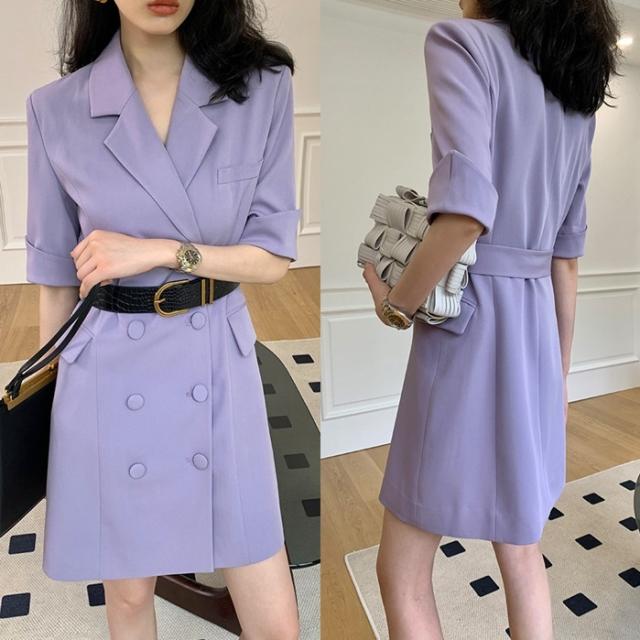 ワンピース レディース スーツ風ワンピース S M L XL パープル 紫 グリーン 緑 ホワイト 白 シャーベットカラー パステルカラー 無地 春 夏 五分袖 5分袖 テーラードカラー ダブルブレスト ミニ丈 ミニ ショート丈 ショート 膝上 フレア Aライン ハイウエスト 脚長 美脚