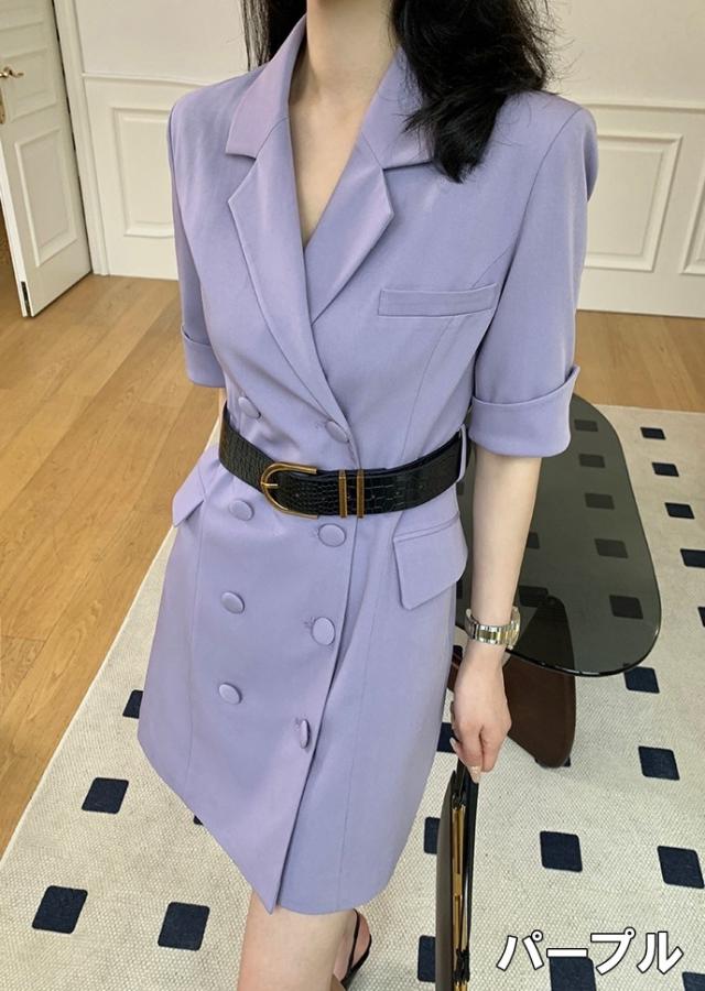 ワンピース レディース スーツ風ワンピース S M L XL パープル 紫 グリーン 緑 ホワイト 白 シャーベットカラー パステルカラー 無地 春 夏 五分袖 5分袖 テーラードカラー ダブルブレスト ミニ丈 ミニ ショート丈 ショート 膝上 フレア Aライン ハイウエスト 脚長 美脚 ワンピース レディース スーツ風ワンピース S M L XL パープル 紫