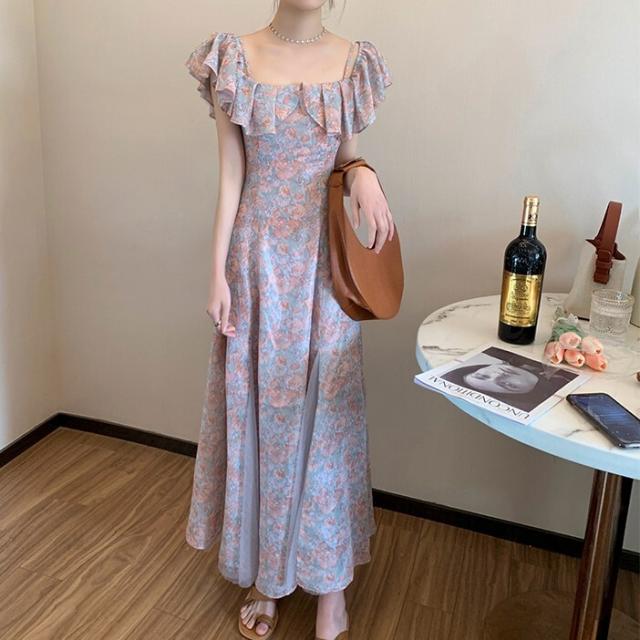 ワンピース レディース XS S M L XL パープルピンク 紫 花柄 フラワー フローラル 春 夏 フリル袖 フレンチスリーブ オフショルダー キャミソール 2way スクエアネック フリル シフォン 切り替え ドッキング ロング丈 ロング マキシ丈 マキシ 膝下 フレア Aライン