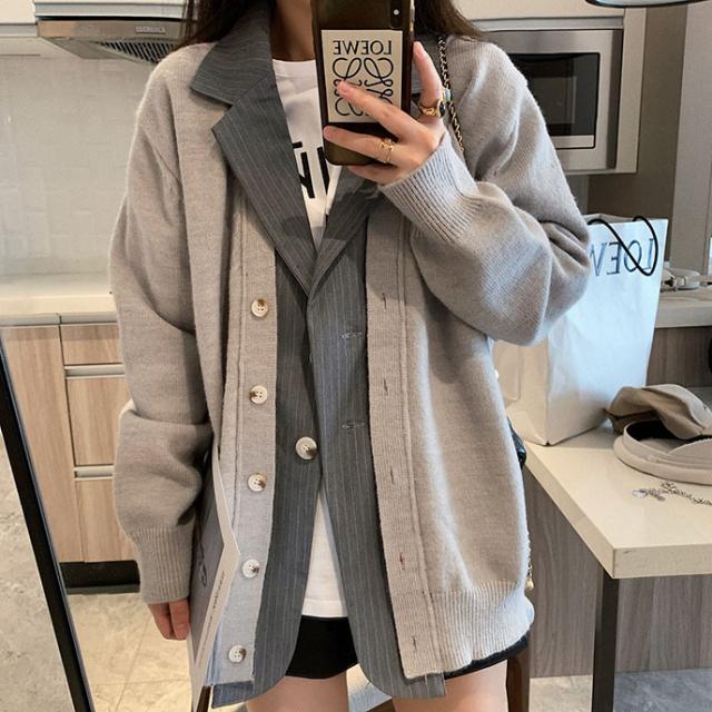 カーディガン レディース トップス フェイクレイヤード フェイクツーピース ワンサイズ フリーサイズ カーキ グレー 灰色 大人カラー くすみカラー 秋カラー 無地 ストライプ 襟付き テーラードカラー ボタン 秋 冬 長袖 ミドル丈 ショート丈 ゆったり ゆる ルーズ フェミニン