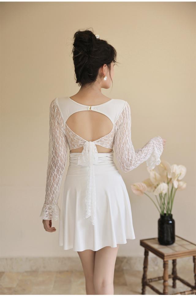 水着 2点セット ワンピース 2色 長袖 フリル レース レディース 透け感