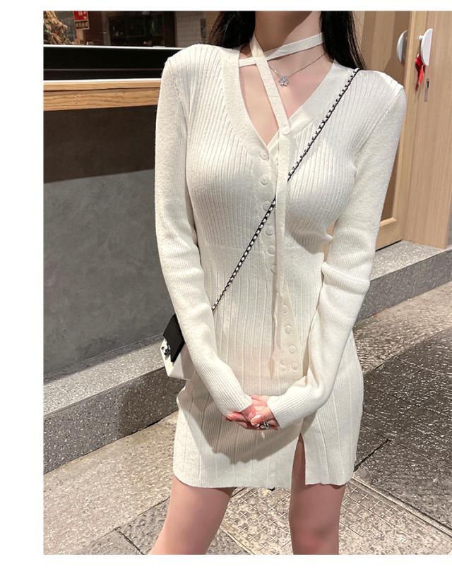 ワンピース レディース ニットワンピース ミニ丈 袖あり カーディガン 前開き 襟なし Vネック 萌袖 リボン タイト 細身 ボタン リブ アシンメトリー かわいい きれいめ シンプル 上品 おしゃれ お洒落 ラブリー セクシー 主役級 存在感 S M L 白 ホワイト 無地 ニット 春 秋 ワンピース レディース ニットワンピース ミニ丈 袖あり カーディガン