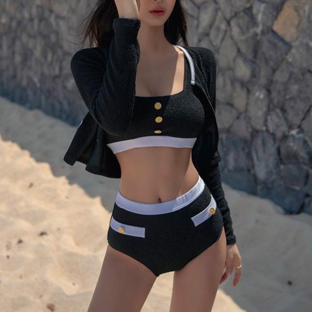水着 スイムウエア レディース タンキニ セパレート 長袖カーディガン ジップアップ 3点セット ハイウエスト ヘルシー 大人 大人っぽい 健康的 きれいめ セクシー sexy シンプル おしゃれ お洒落 クール 主役級 存在感 女っぽ M L XL 黒 ブラック 白 ホワイト モノトーン