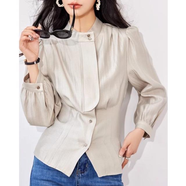 トップス レディース 長袖シャツ 羽織り シャツジャケット 薄手 長袖 スタンドカラー 前開き ボタン 肩タック パフスリーブ 大人可愛い きれいめ シンプル 大人 上品 おしゃれ お洒落 きれいめ かっこいい クール 大人女子 レトロ シック エレガント 存在感 抜け感 こなれ感 S