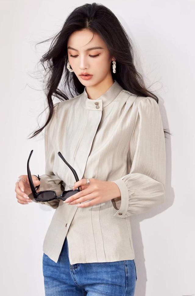 トップス レディース 長袖シャツ 羽織り シャツジャケット 薄手 長袖 スタンドカラー 前開き ボタン 肩タック パフスリーブ 大人可愛い きれいめ シンプル 大人 上品 おしゃれ お洒落 きれいめ かっこいい クール 大人女子 レトロ シック エレガント 存在感 抜け感 こなれ感 S トップス レディース 長袖シャツ 羽織り シャツジャケット 薄手 長袖