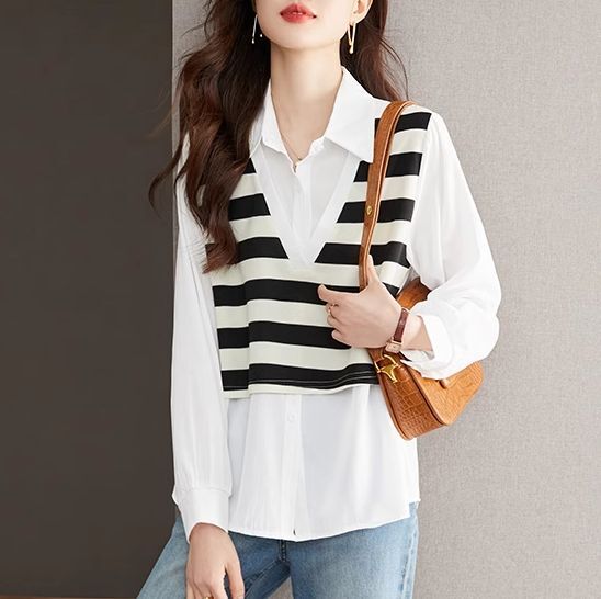 トップス レディース ドッキングトップス 切り替えデザイン カットソーブラウス プルオーバー レイヤード風 重ね着風 襟付き 長袖 ベスト風 大人可愛い シンプル カジュアル おしゃれ お洒落 かっこいい 大人 上品 レトロ 大人女子 こなれ感 抜け感 存在感 S M L XL 楽ちん 白の通販は 7,480円