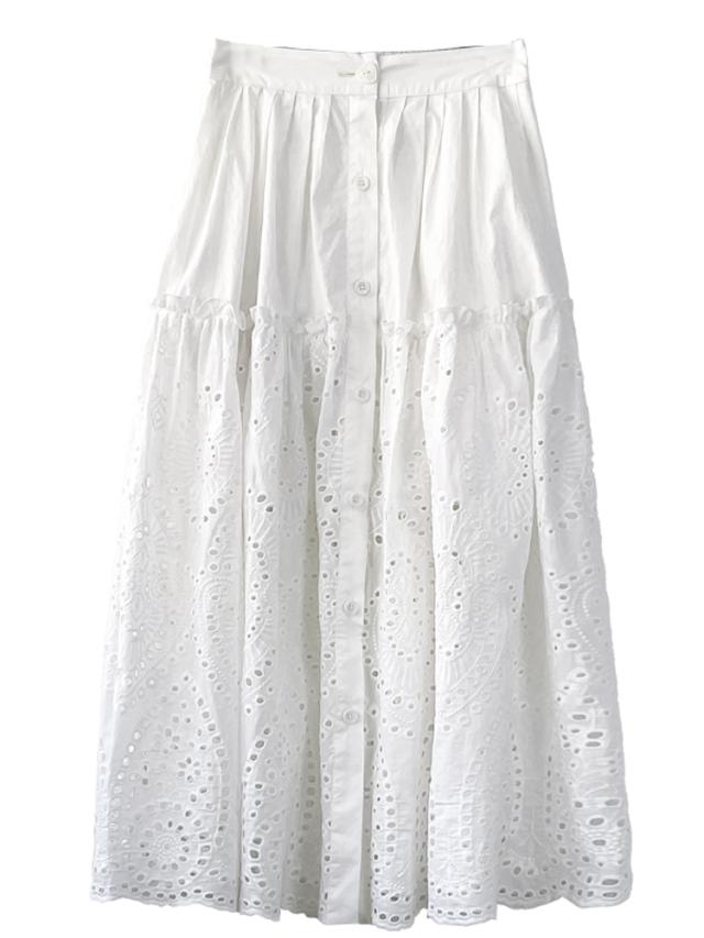 ロングスカート 刺繍デザイン ボタン 夏 春 秋 ロング スカート ボトムス ホワイト 白 かわいい 大人可愛い きれいめ シンプル カジュアル 大人 上品 おしゃれ お洒落 かっこいい レトロ アジアン エスニック エキゾチック 大人可愛い 大人女子 こなれ感 ラフ キュート ロングスカート 刺繍デザイン ボタン 夏 春 秋 ロング スカート