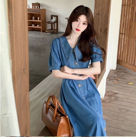 ワンピース フレアスカート デニムワンピース ミモレ丈 ミドル丈 半袖