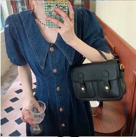 ワンピース フレアスカート デニムワンピース ミモレ丈 ミドル丈 半袖