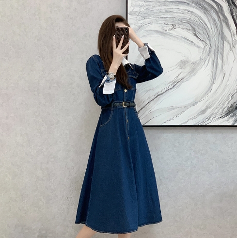 デニム ワンピース デニムワンピース ミモレ丈 袖あり 長袖 襟付き ポロカラー Aライン ベルト ハイウエスト 2way ブルーデニム 大人可愛い きれいめ シンプル カジュアル 上品 大人女子 キュート 無地 春 秋 10代 20代 30代 レディース 女性用 ママ 女の子 学生 デート