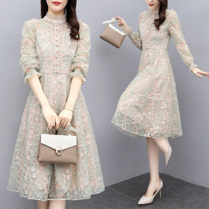 ロングドレス トップス スカート ワンピース ドレス 膝下 ミモレ ミモレ丈 ミディアム丈 ミドル丈 長袖 Aライン 刺繍 メッシュ かわいい 上品 おしゃれ 大人女子 ラブリー キュート ガーリー 個性的 クール エレガント 柄 花柄 フラワー 春 秋 誕生日 結婚式 二次会 披露宴