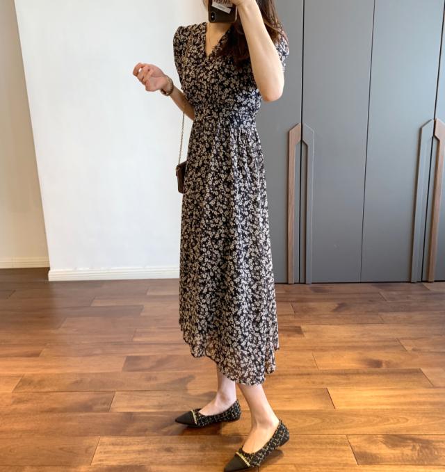 ワンピース ロングワンピース Vネック 長袖 半袖 かわいい 大人可愛い