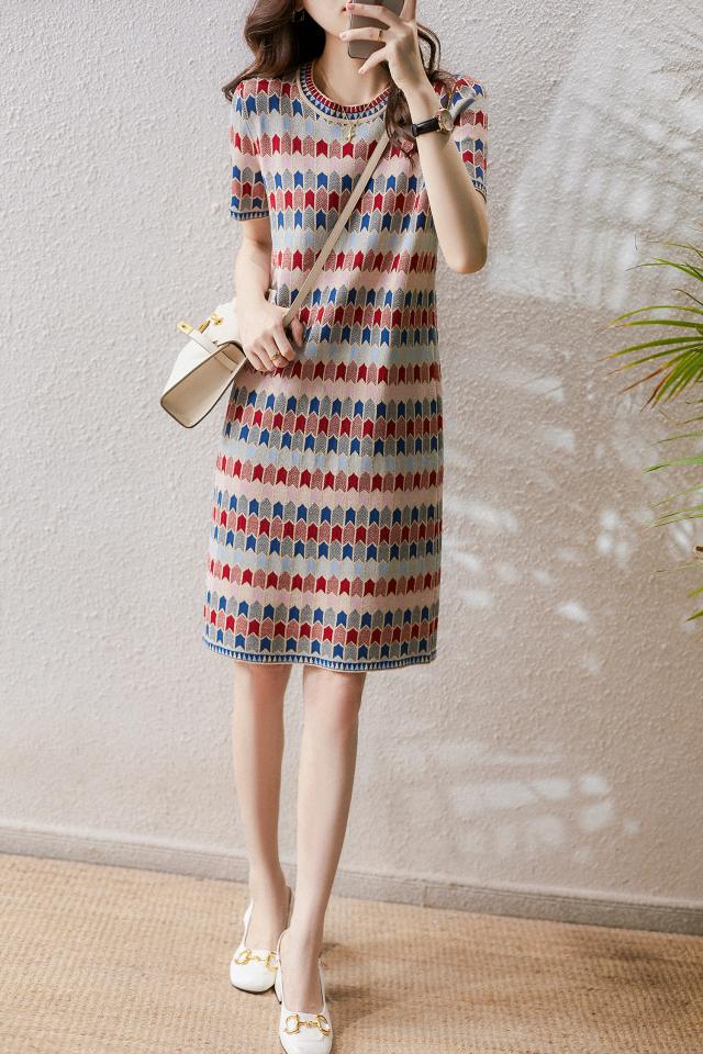 夏 ニット ワンピース ワンピース デート ニットソー プルオーバー ワンピドレス ミディアム丈 袖あり 半袖 ラウンドネック 襟なし スリム ストレート レギュラー ビスコース 大人可愛い シンプル 大人 おしゃれ レトロ 大人女子 こなれ感 メンズライク ルーズ 柄 シマ 夏