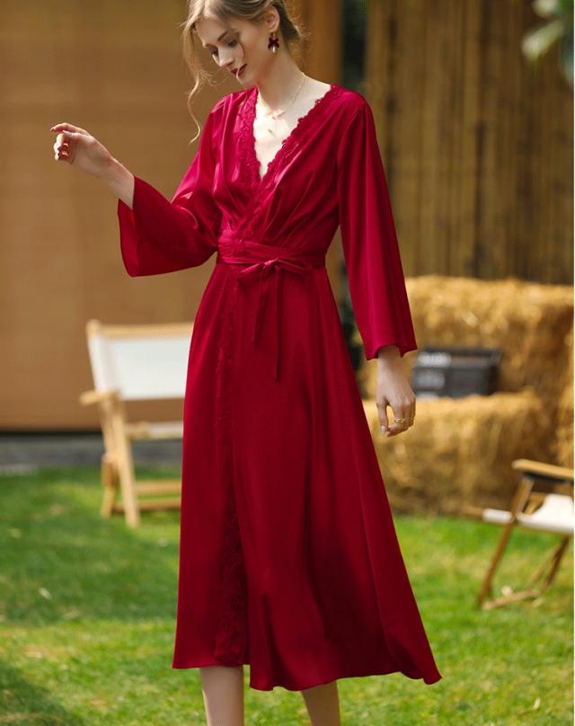 ウェディング ガウン パジャマ ルームウェア パジャマ 部屋着 寝巻き ナイトウェア ロングスカート ミドル丈 袖あり 長袖 Vネック 襟なし フリル リボン 薄手 異素材MIX 大人可愛い きれいめ シンプル おしゃれ レトロ エキゾチック 大人女子 セクシー エレガント 無地