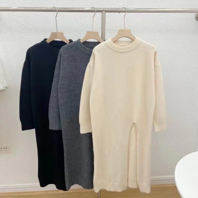 ミッドレングス カジュアル セーター スカート ワンピース セーター 上着 ロングスカート ワンピドレス ロング丈 袖あり 長袖 ボリューム袖 ラウンドネック 襟付き ワイド サイドスリット 伸縮性 異素材MIX アクリル ビスコース かわいい 大人可愛い カジュアル おしゃれの通販は 5,980円