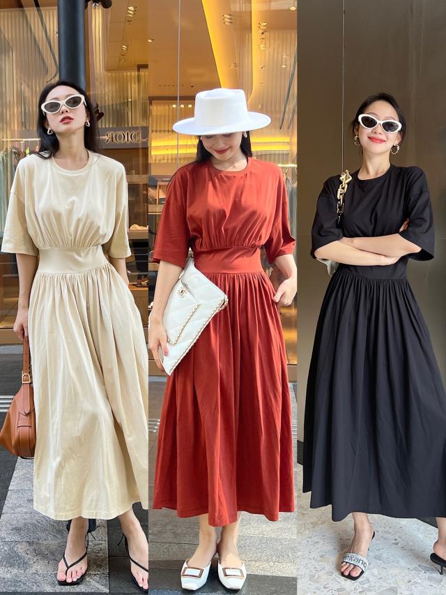 ワンピース ロングスカート 半袖 襟なし ニット 薄手 シンプル 大人 無地 ホワイト ブラック レッドの通販は 24,080円