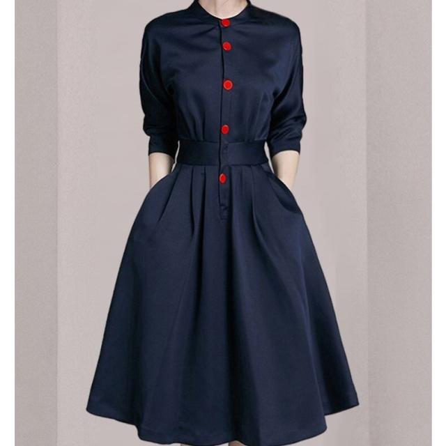 ワンピース シャツワンピース フレアワンピース 膝丈 ひざ丈 袖あり 7分袖 七分袖 Uネック ラウンドネック 襟なし フレア Aライン ウエストマーク かわいい 大人可愛い きれいめ 大人 上品 おしゃれ お洒落 レトロ エキゾチック 大人女子 こなれ感 個性的 クール モード系