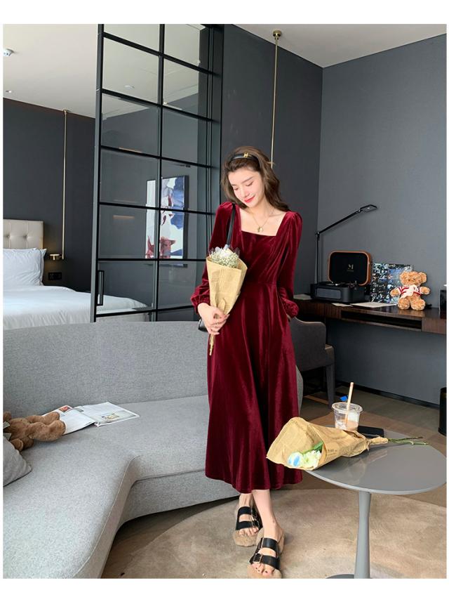 ワンピース 膝下 袖あり 長袖 スクエアネック ベルベット かわいい