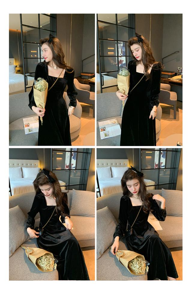 ワンピース 膝下 袖あり 長袖 スクエアネック ベルベット かわいい