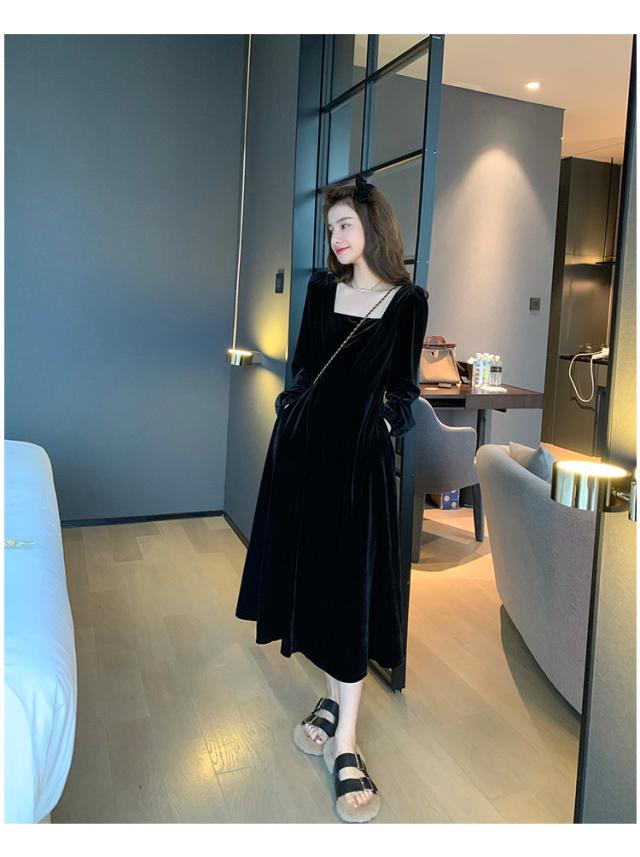 ワンピース 膝下 袖あり 長袖 スクエアネック ベルベット かわいい