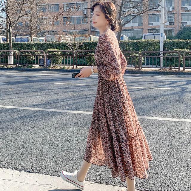 春秋 シフォン ドレス スカート ワンピース プルオーバー ミディ