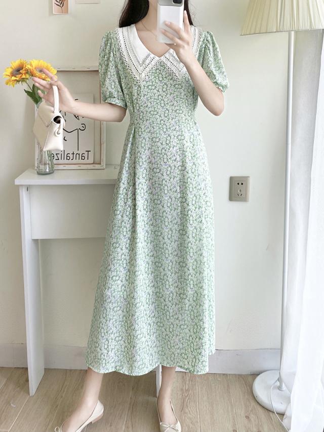 夏 シフォン ワンピース ワンピース プルオーバー ロングスカート ワンピドレス ロング丈 袖あり 半袖 パフスリーブ ラウンドネック 襟付き Aライン レギュラー レース ふわふわ ポケット ボタン タイプＡ 異素材MIX シフォン かわいい シンプル お洒落 レトロ ラブリー 花柄の通販は 5,382円