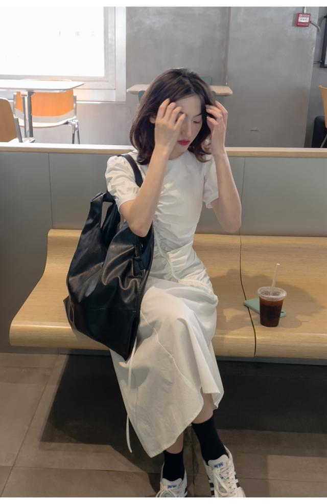 夏 フェアリードレス フレンチ オールインワン ロングスカート ワンピドレス ロング丈 袖あり 半袖 パフスリーブ ラウンドネック 襟なし スリム 細身 プリーツ ふわふわ ファスナー 透け感 薄手 普通生地（春夏用） かわいい シンプル お洒落 大人女子 ラブリー モダン 無地