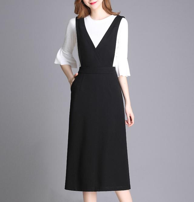 夏 サスペンダー ワンピース ワンピース プルオーバー ミディスカート ワンピドレス 袖あり ノースリーブ Vネック オフショルダー 襟なし スリム Aライン バックスリット ポケット タイプＡ 薄手 異素材MIX かわいい 大人可愛い シンプル お洒落 かっこいい こなれ感 ラブリー