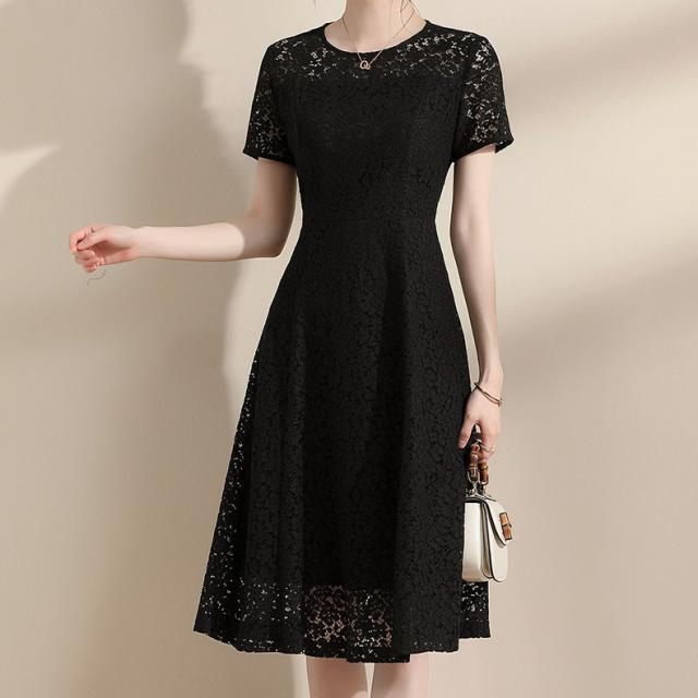 夏 レース ドレス ドレス ワンピース パーティドレス 膝丈ドレス フォーマルドレス Aラインドレス イブニングドレス ワンピドレス ミディアム丈 袖あり 半袖 ラウンドネック 襟なし Aライン 透け感 ミドルウエスト レギュラー 異素材MIX 大人可愛い シンプル 大人女子 夏 レース ドレス ドレス ワンピース パーティドレス 膝丈ドレス