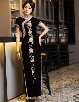 夏 チャイナドレス ベルベット ドレス ロングドレス イブニングドレス チャイナドレス ロング丈 袖あり 半袖 Vネック 襟なし プリンセス 細身 プリーツ ハイウエスト 異素材MIX 大人可愛い きれいめ 大人 上品 お洒落 大人女子 ガーリー エレガント エレガント 華やか